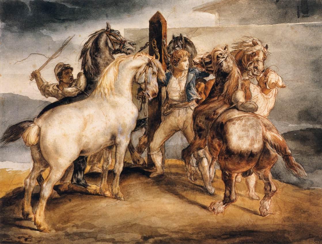 Théodore_Géricault_-_Horse_Market_-_Five_Horses_at_the_Stake_-_WGA08645
